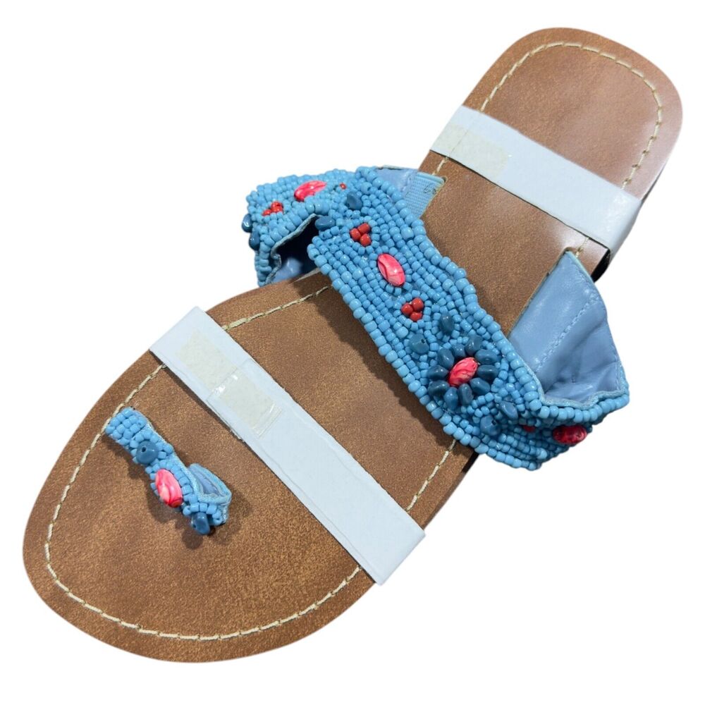 Avon Thong Sandals Women's 10 Blue Brown Beaded Gemstone Flat Open Toe Preppy